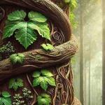 A massive vine winding around a large tree, creating an epic showdown in the forest.